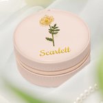Personalized Gold-Edged Birth Flower PU Leather Jewelry Box with Name Portable Travel Accessories Birthday Anniversary Gift for Women Girls