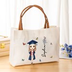 Personalisierte Graduierung Cartoon Charakter Geburt Blume Canvas große Tragetasche mit Namen und Ledergriff Reisezubehör Geburtstag Geschenk für Frauen