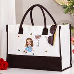 Personalised Cartoon Graduate Character Birth Flower Butterfly Canvas Tote Bag with Name Graduation Birthday Gift for Girls Friends