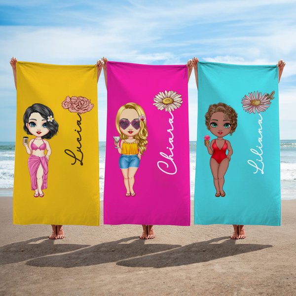 Asciugamano da spiaggia personalizzato in cotone e poliestere con nome, fiore di nascita e personaggio, essenziale per vacanze - Regalo per amiche