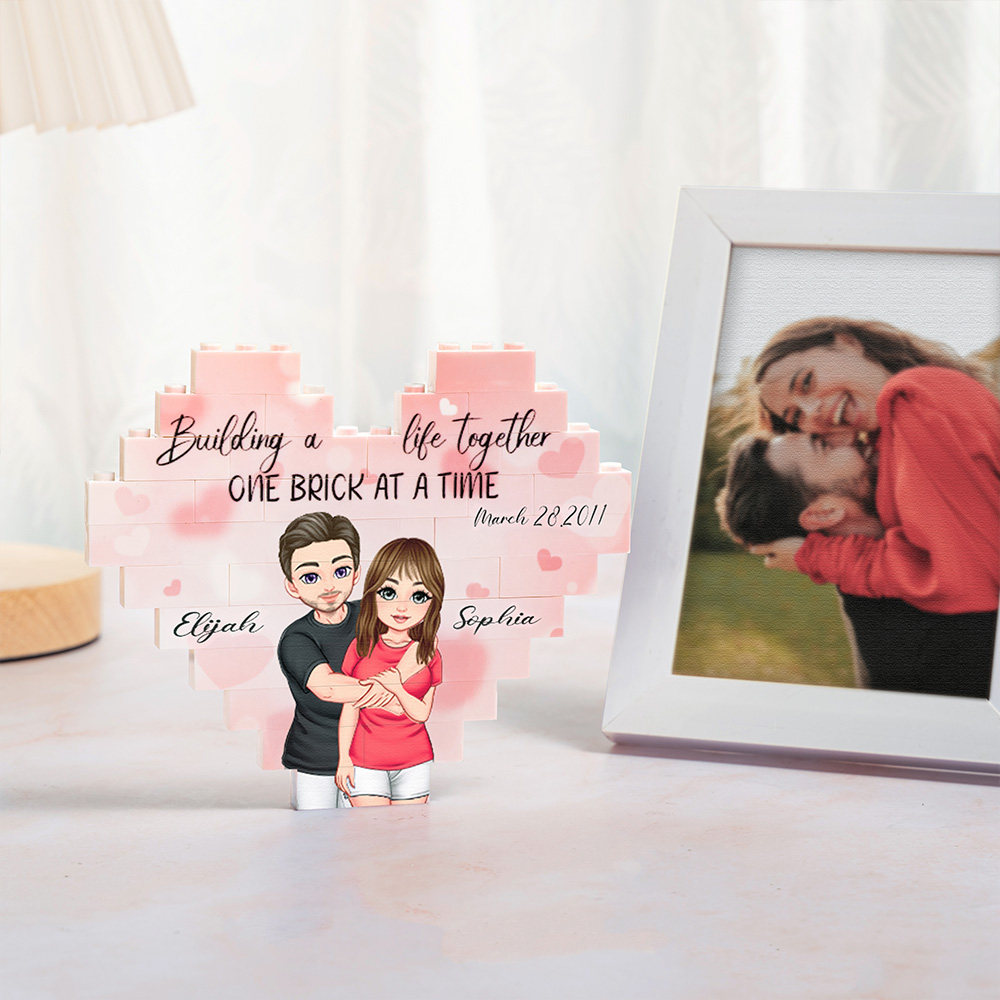 Personalised Valentine's Day Gift Double-sided Cartoon Hugging Couple Heart Building Block Puzzle with Date and Name Anniversary Gift for Couple