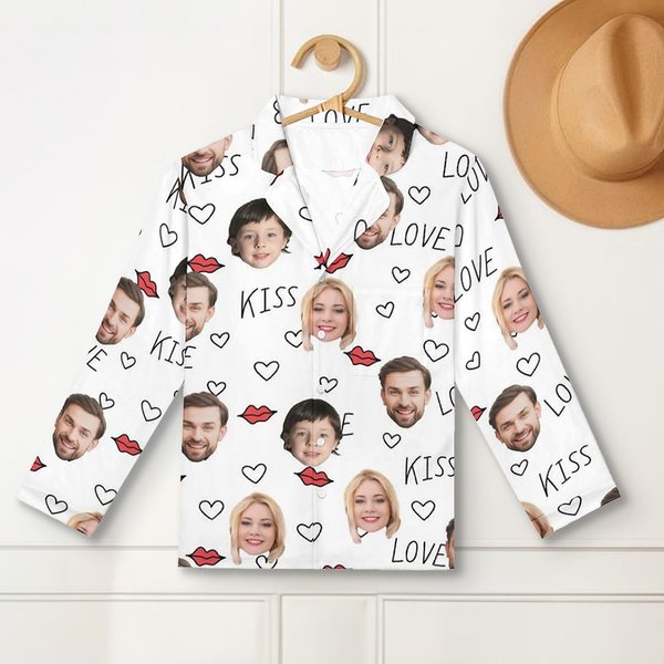 Personalizzato Bacio Amore 1-3 Faccia Foto Unisex Manica Lunga Pigiama Morbido Set San Valentino Anniversario Compleanno Regalo per Coppie