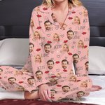 Gepersonaliseerde Kus Liefde 1-3 Gezicht Foto's Unisex Lange Mouwen Zachte Pyjama Set Valentijnsdag Verjaardagscadeau voor Koppels