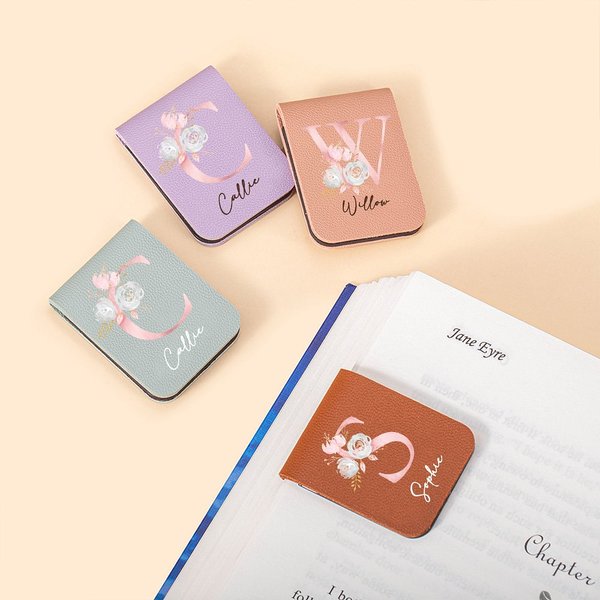 Henkilökohtainen vesiväri Floral Pink Initial Magneettinen nahkainen kirjanmerkki Clip nimi lukeminen paperitarvikkeet tarvikkeet syntymäpäivälahja kirjanpainajille