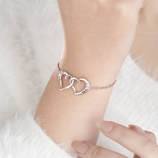 Pulsera personalizada de plata de ley con doble corazón entrelazado, piedras de nacimiento y nombres grabados Regalo de San Valentín Aniversario para mujer