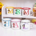 Personalized Cute Cartoon Character 12oz Enamel Mug with Name and Initial Back to School Birthday Gift for Family Kids