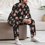 Gepersonaliseerde Kus Liefde 1-3 Gezicht Foto's Unisex Lange Mouwen Zachte Pyjama Set Valentijnsdag Verjaardagscadeau voor Koppels