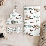 Personalized Cute Mallard Duck Baby Soft Swaddle Hat Bow Headband Outfit with Name Baby Shower Coming Home Gift for Newborn