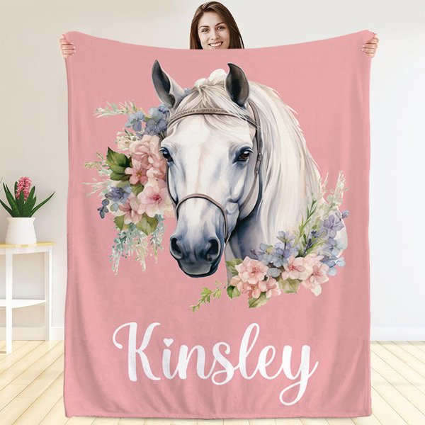 Personalised Watercolour Illustration Floral Horse Soft Throw Blanket with Name Multicolour Home Decor Holiday Birthday Gift for Horse Lovers