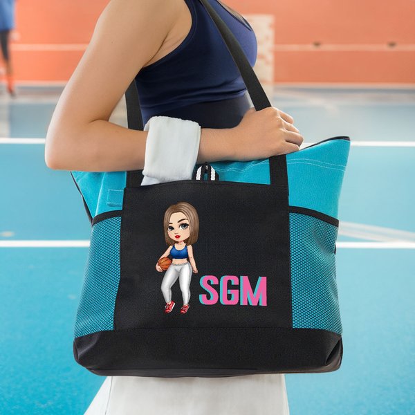 Spersonalizowana koszykówka Piłka nożna Kreskówka Dziewczyna Monogram Wodoodporna siatkowa torba na zakupy Akcesoria do gry Prezent urodzinowy dla miłośnika sportu