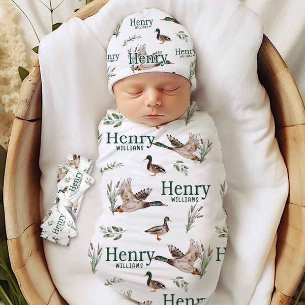 Personalized Cute Mallard Duck Baby Soft Swaddle Hat Bow Headband Outfit with Name Baby Shower Coming Home Gift for Newborn