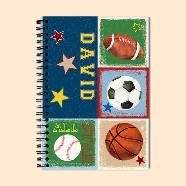 Personlig akvarell Fotboll Fotboll Basket Baseboll All Star A5 Linjerad Spiral Anteckningsbok Födelsedag Tillbaka till skolan Present till barn Sportälskare