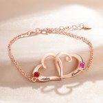 Personligt armband med dubbelhjärtan i sterling silver med födelsestenar och graverade namn Alla hjärtans dag-jubileumspresent för kvinnor