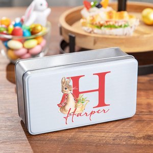 Personalised Cute Cartoon Peter Rabbit Food-grade Metal Biscuit Tin Box with Initial and Name Birthday Easter Gift for Kids Family Friends