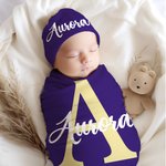 Personalized Multicolor 100% Cotton Flower Initial Name Swaddle and Knot Hat Set Baby Shower Birthday Gift for Newborns