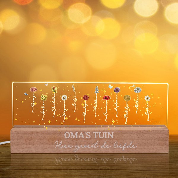 Gepersonaliseerde 1-12 Geboortebloem Tuin Acryl LED Nachtlamp met Houten Basis Woondecoratie Moederdag Verjaardags Cadeau voor Oma Mama