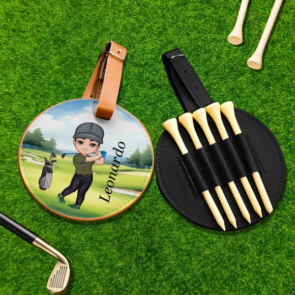 Porta tee da golf in pelle PU personalizzato con nome e personaggio in stile cartone animato accessorio regalo di compleanno per appassionati di golf