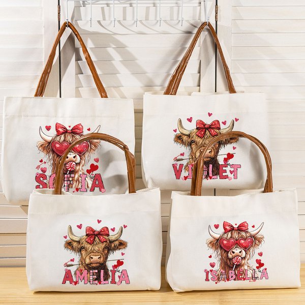 Personalized Coquette Bow Love Highland Cow Canvas Tote Bag with Name and Handle Birthday Valentine's Day Gift For Women