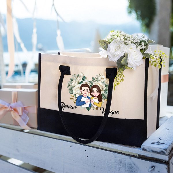 Personalized Heart Flower Cartoon Character Large Canvas Tote Bag with Name Valentine's Day Anniversary Gift for Women