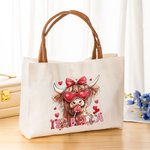 Personalized Coquette Bow Love Highland Cow Canvas Tote Bag with Name and Handle Birthday Valentine's Day Gift For Women