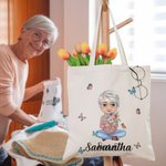Borsa canvas personalizzata con personaggio in stile cartone animato nome e fiore di nascita regalo per Natale e compleanno per donne