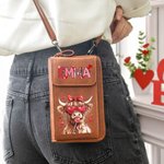 Portafoglio a traccola portatile in pelle personalizzato con design Highland Cow Coquette Bow e nome regalo di San Valentino per le donne