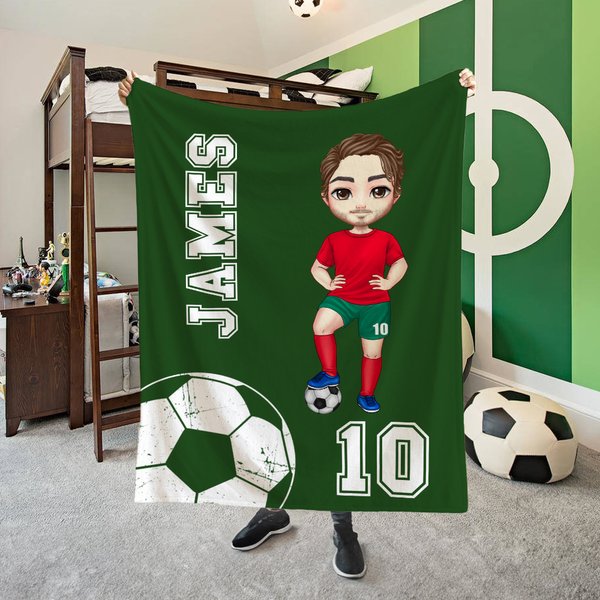 Personalised Multicolour Football Cartoon Character Soft Throw Blanket with Name and Number Home Decor Game Day Birthday Gift for Football Lovers
