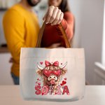 Personalized Coquette Bow Love Highland Cow Canvas Tote Bag with Name and Handle Birthday Valentine's Day Gift For Women