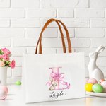 Personalisierte niedliche Ostern Hase rosa Bogen anfängliche große Canvas Tote Bag mit Namen und Ledergriff Ostern Geburtstag Geschenk für Frauen