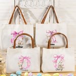 Personalisierte niedliche Ostern Hase rosa Bogen anfängliche große Canvas Tote Bag mit Namen und Ledergriff Ostern Geburtstag Geschenk für Frauen