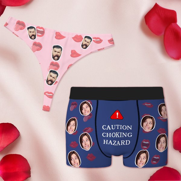 Personalized Lip Choking Hazard Caution Breathable Couple Thong Boxer Underwear Brief Set with Face Photo Valentine's Day Anniversary Gift for Him Her