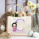 Bolsa de Yute Personalizada con Nombre e Inicial de un Simpático Personaje de Dibujos Animados Regalo de Pascua para Niños Adultos