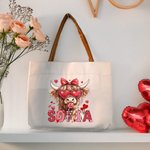 Personalized Coquette Bow Love Highland Cow Canvas Tote Bag with Name and Handle Birthday Valentine's Day Gift For Women