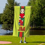 Personlig fotball tegneserie karakter monogram stripe overdimensjonert hurtigtørkende strandhåndkle ferie tilbehør bursdagsgave for fotballelskere