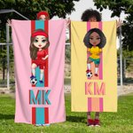 Personlig fotball tegneserie karakter monogram stripe overdimensjonert hurtigtørkende strandhåndkle ferie tilbehør bursdagsgave for fotballelskere