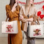Personalized Coquette Bow Love Highland Cow Canvas Tote Bag with Name and Handle Birthday Valentine's Day Gift For Women