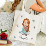 Borsa canvas personalizzata con personaggio in stile cartone animato nome e fiore di nascita regalo per Natale e compleanno per donne