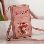 Portafoglio a traccola portatile in pelle personalizzato con design Highland Cow Coquette Bow e nome regalo di San Valentino per le donne