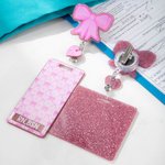 Personalized Pink Glitter Coquette Bow Heart Badge Reel with Name and Text Appreciation Graduation Gift for Nurse Doctor Office Worker