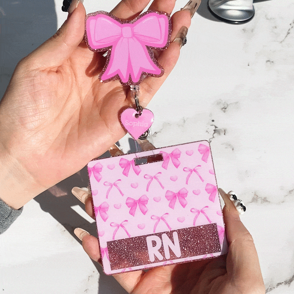 Personalized Pink Glitter Coquette Bow Heart Badge Reel with Name and Text Appreciation Graduation Gift for Nurse Doctor Office Worker
