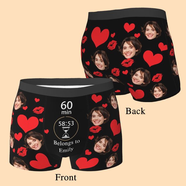 Personalized Heart Lip Print Multicolour Boxer Brief with Face Photo Men's Underwear Valentine's Day Birthday Anniversary Gift for Husband Boyfriend