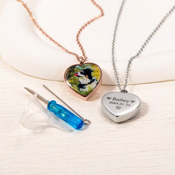 Personalizado delicado corazón foto urna collar con texto grabado simpatía Memorial Gift for Pet Owner Lover