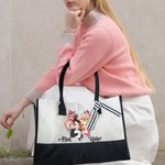Personalized Heart Flower Cartoon Character Large Canvas Tote Bag with Name Valentine's Day Anniversary Gift for Women