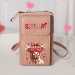 Portafoglio a traccola portatile in pelle personalizzato con design Highland Cow Coquette Bow e nome regalo di San Valentino per le donne