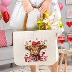 Personalized Coquette Bow Love Highland Cow Canvas Tote Bag with Name and Handle Birthday Valentine's Day Gift For Women