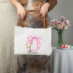 Personalisierte niedliche Ostern Hase rosa Bogen anfängliche große Canvas Tote Bag mit Namen und Ledergriff Ostern Geburtstag Geschenk für Frauen