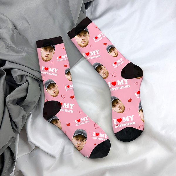Personalised I Love My Boyfriend Girlfriend Photo Portrait Design Tube Socks Valentine's Day Anniversary Gift for Couple