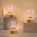 Spersonalizowana lampka nocna LED z różową kokardą i drewnianą podstawą Uroczy wystrój pokoju Urodziny Wielkanoc Prezent na przyjęcie dla dzieci