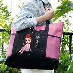 Personalized Cartoon Graduate Birth Flower Large Tote Bag with Name and Mesh Pockets Graduation Birthday Gift for Women