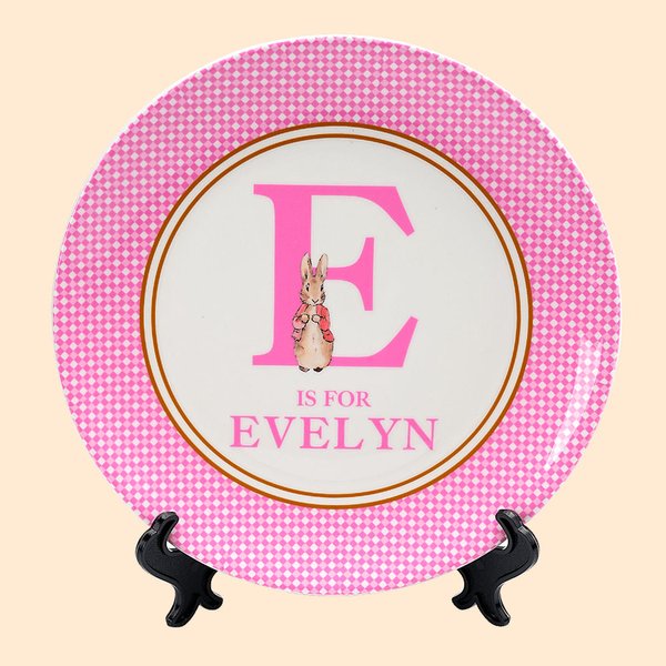 Personalized Classic Peter Rabbit Striped Checkered Ceramic Dinner Plate with Name Initial Easter Family Party Table Decor Gift for Boys Girls